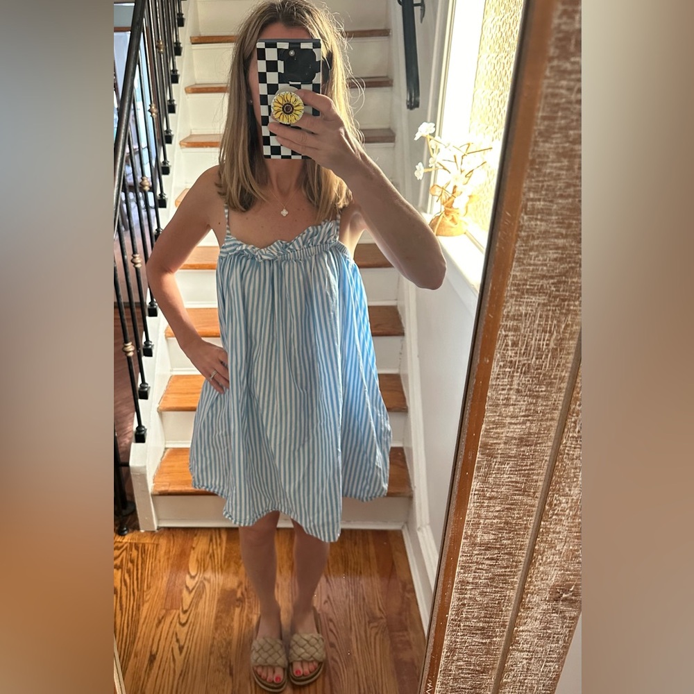 Blue and White Striped short balloon dress with pockets